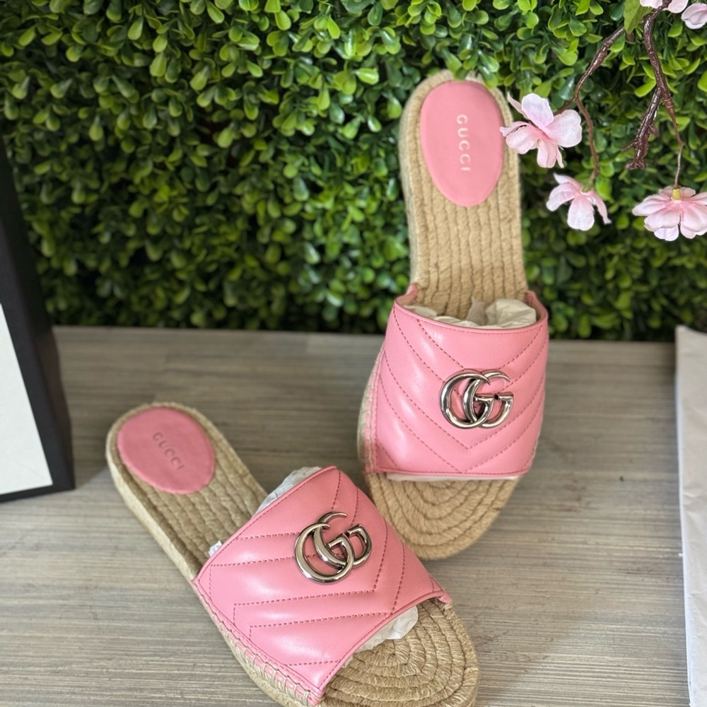 New Gucci Pink Marmont Espadrille Slides 39